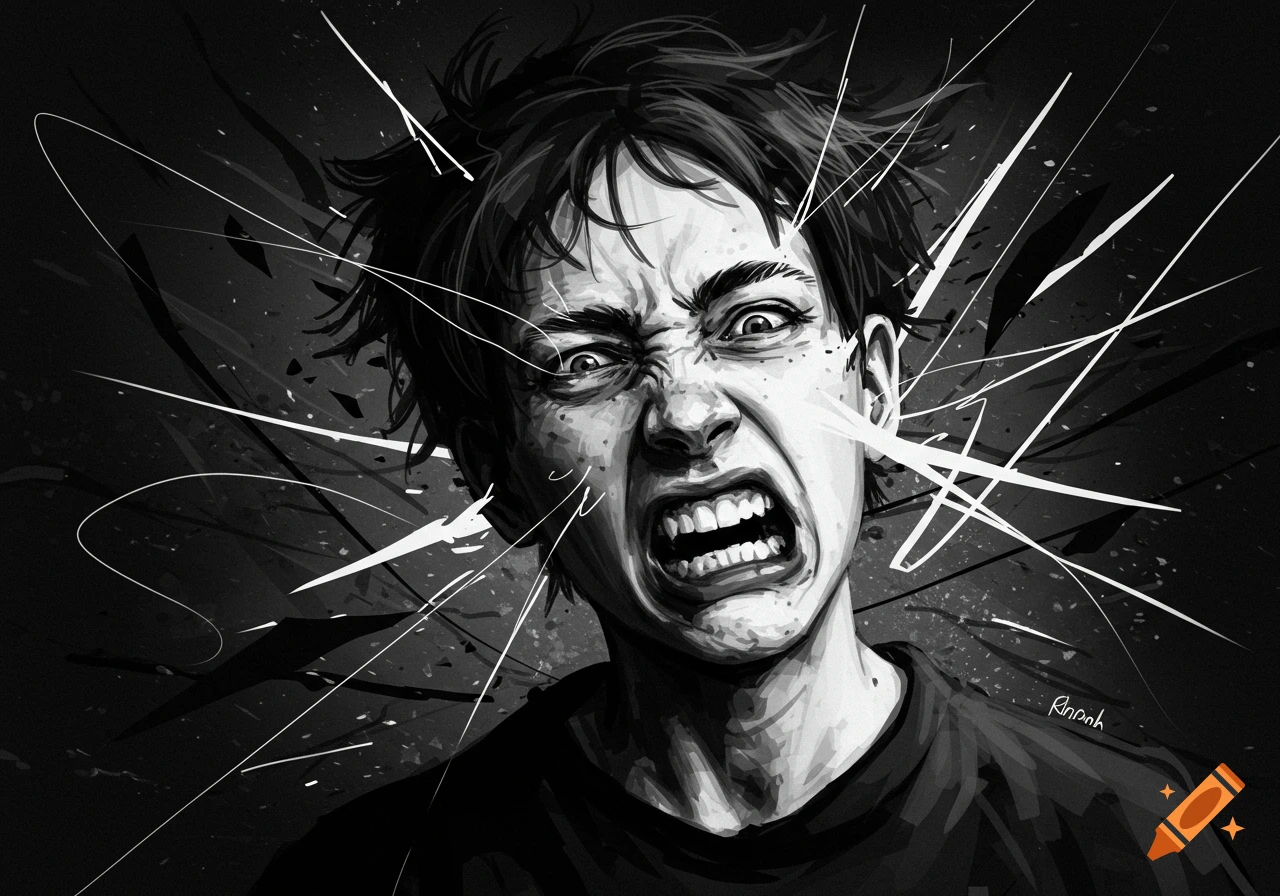 Black and white illustration of a person screaming with chaotic lines around their head.