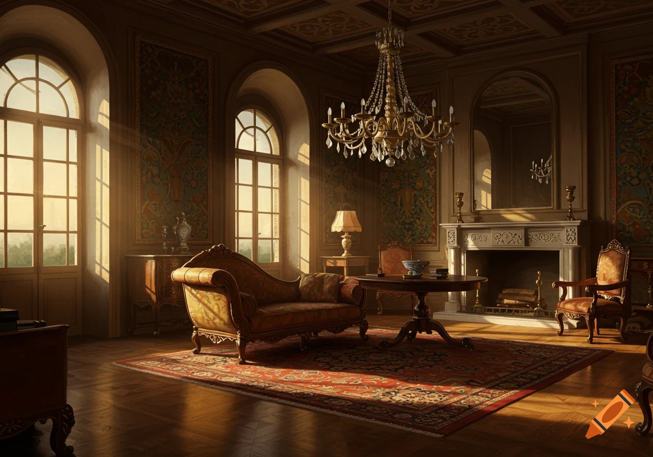 A sunlit French renaissance living room with luxurious furniture, large windows, and a chandelier.