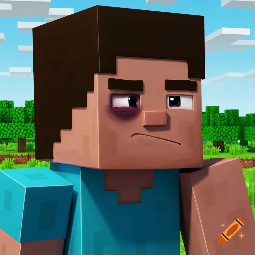 Minecraft character Steve with a black eye in a blocky world.