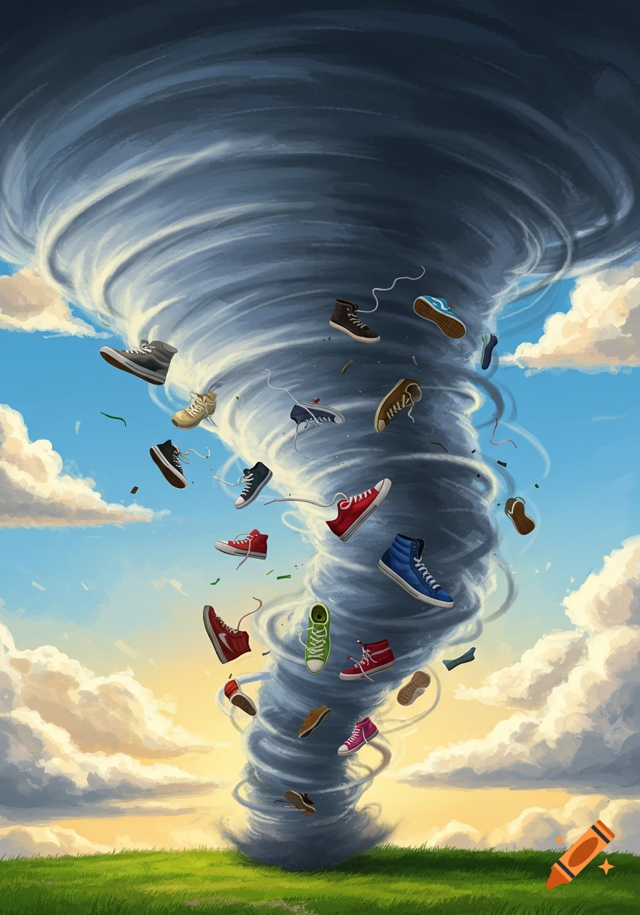 A large tornado with numerous shoes swirling inside it, against a sunny sky with clouds and a grassy field.