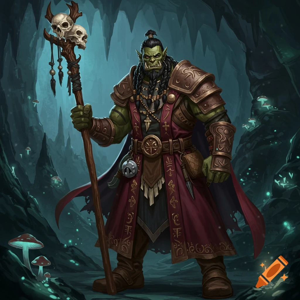 An orc cleric holds a skull-topped staff in a cave.