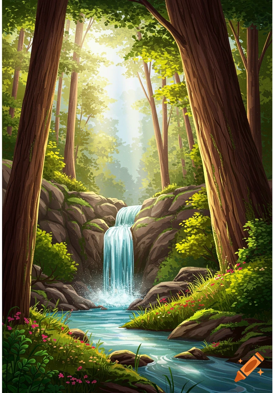 A waterfall flows into a stream in a sunlit forest with tall trees and flowers.