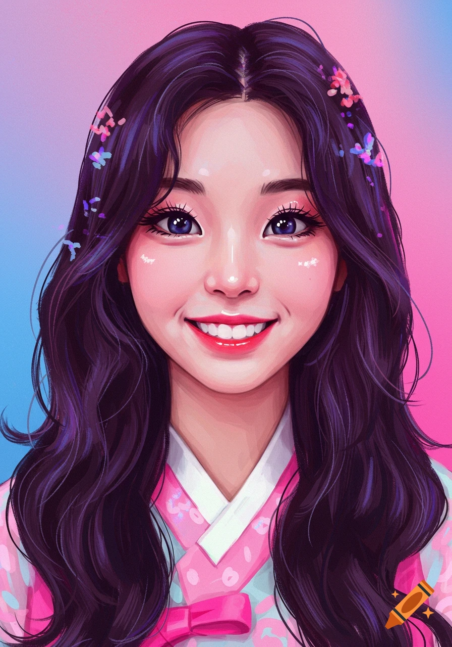 A woman smiling, wearing a pink hanbok, against a pink and blue gradient background.