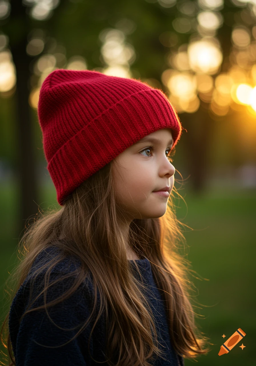 Young girl in red beanie hat looking at sunset in a park