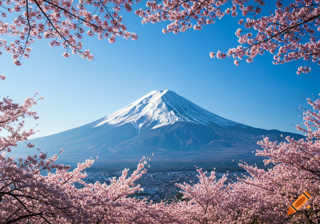 Mount Fuji with cherry blossoms in the foreground under a clear blue sky, realistic photograph