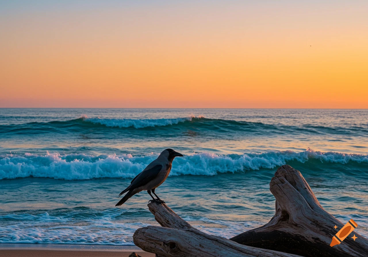 A crow perched on driftwood on a beach at sunset with waves in the background.