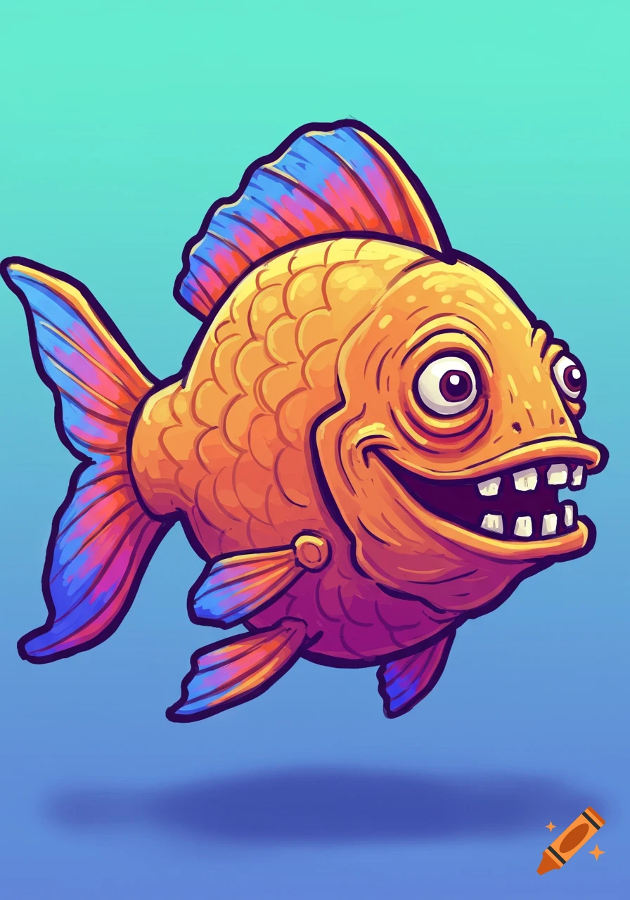 A silly orange cartoon fish with colorful fins and big eyes floats against a blue background.