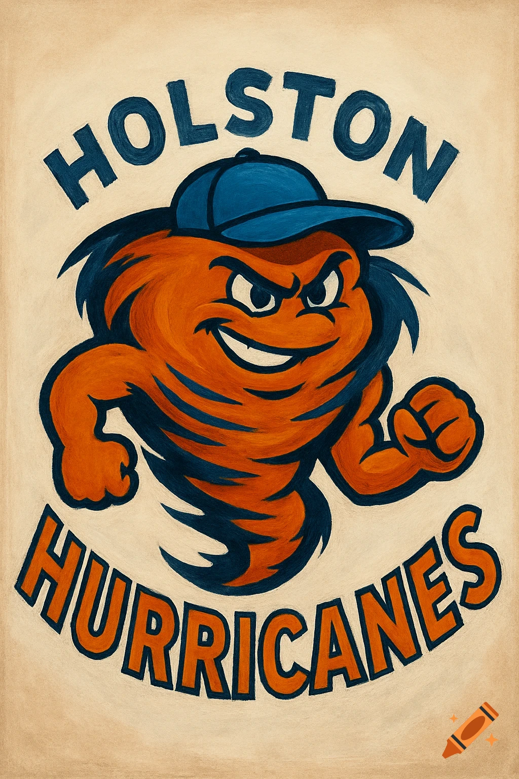 Orange cartoon hurricane mascot with a blue cap and text 'HOLSTON HURRICANES'.