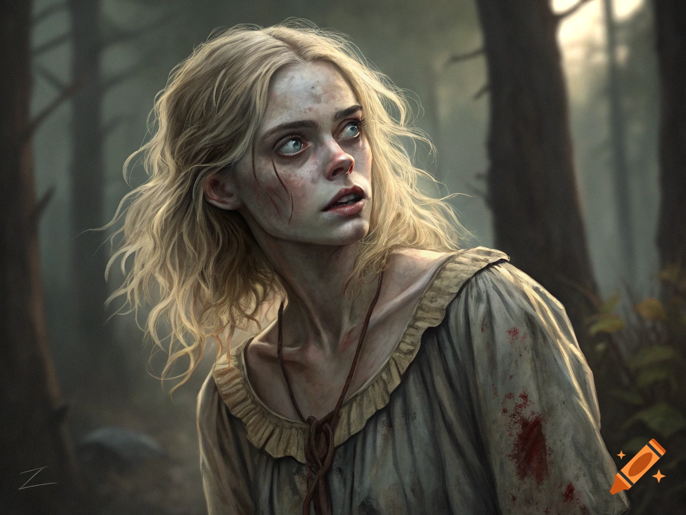 A scared-looking blonde woman with scratches and bloodstains, looking up in a dark forest.