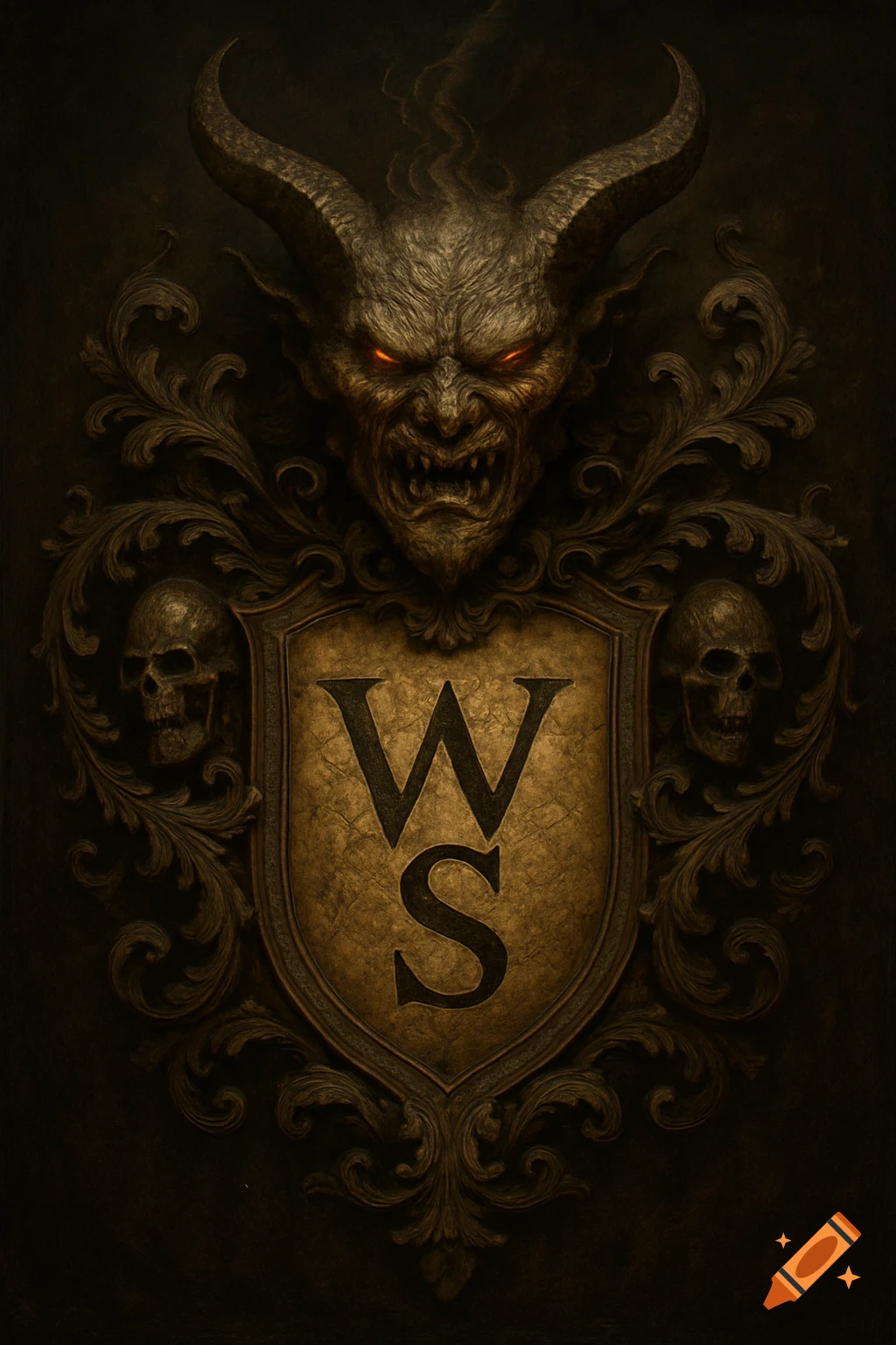 Demonic face above a shield with 'WS', flanked by skulls and ornate scrolling, dark art style.
