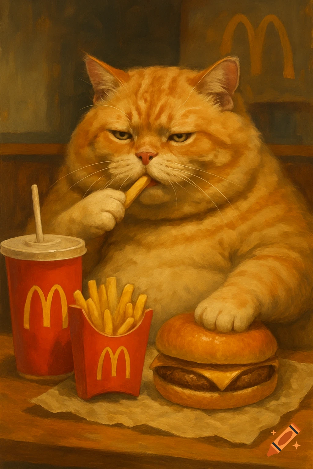 A fat orange cat sits eating French fries from a McDonald's meal.