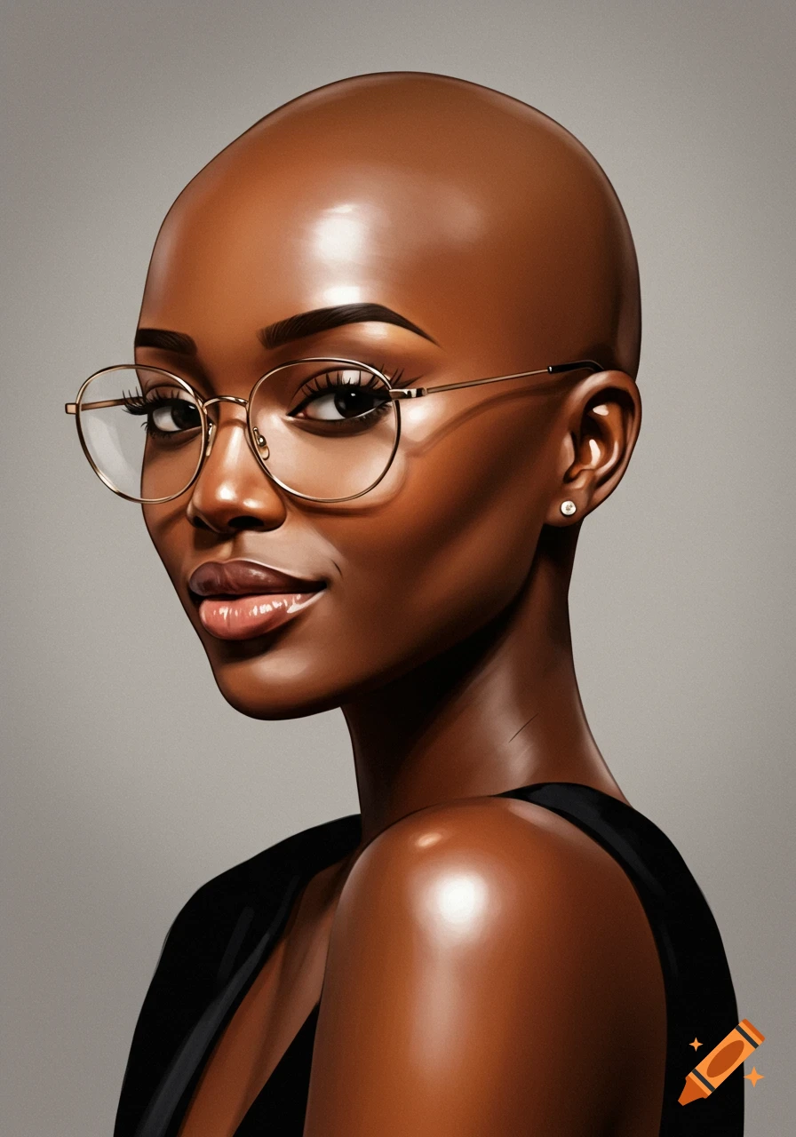 A bald black woman with round glasses looking over her shoulder.