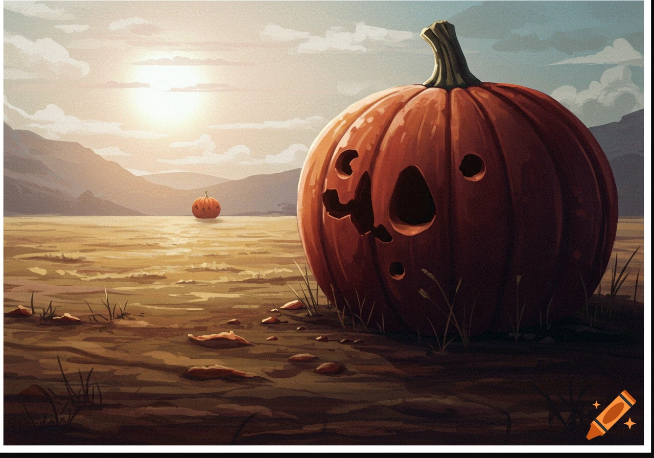 A large jack-o'-lantern sits in a field at sunset with another pumpkin in the distance.