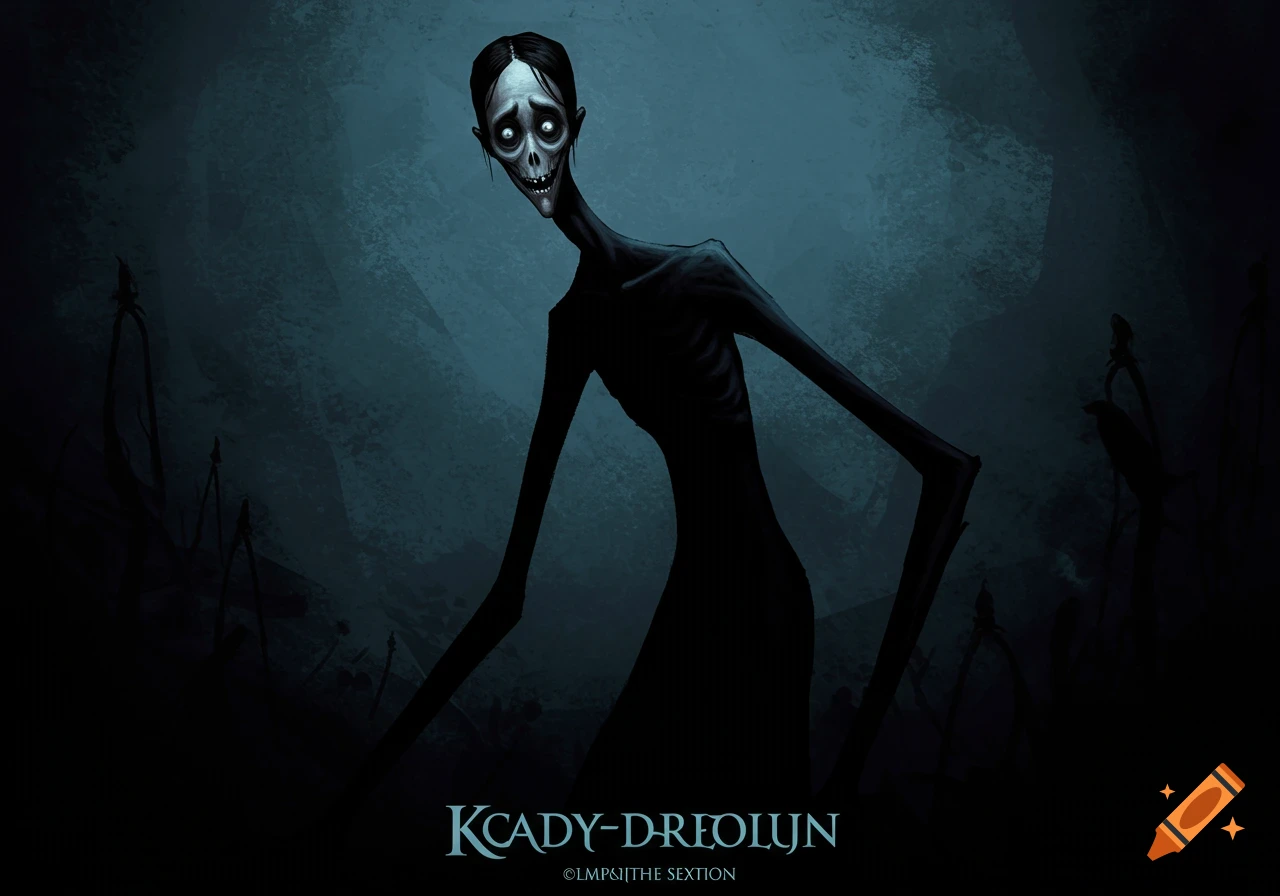A creepy, skeletal figure with large eyes stands in a dark, stylized illustration.