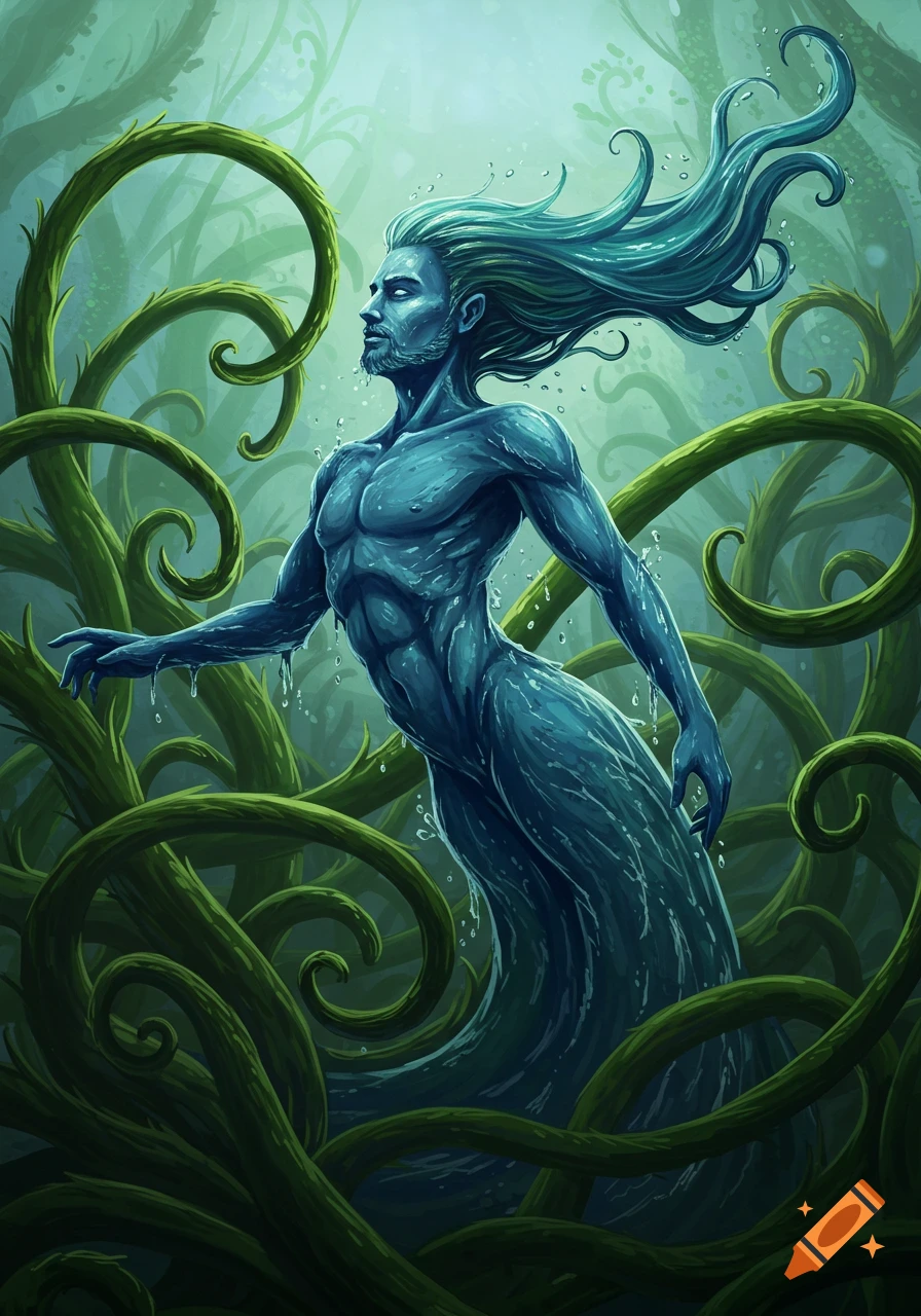 A blue water spirit surrounded by large green vines in a misty forest, digital art.
