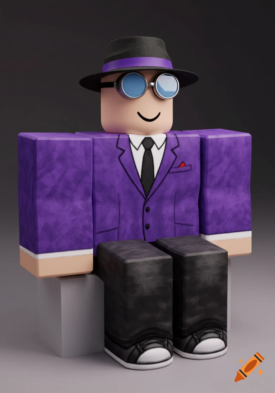 3D render of a Roblox avatar in a purple suit, hat, and goggles, sitting