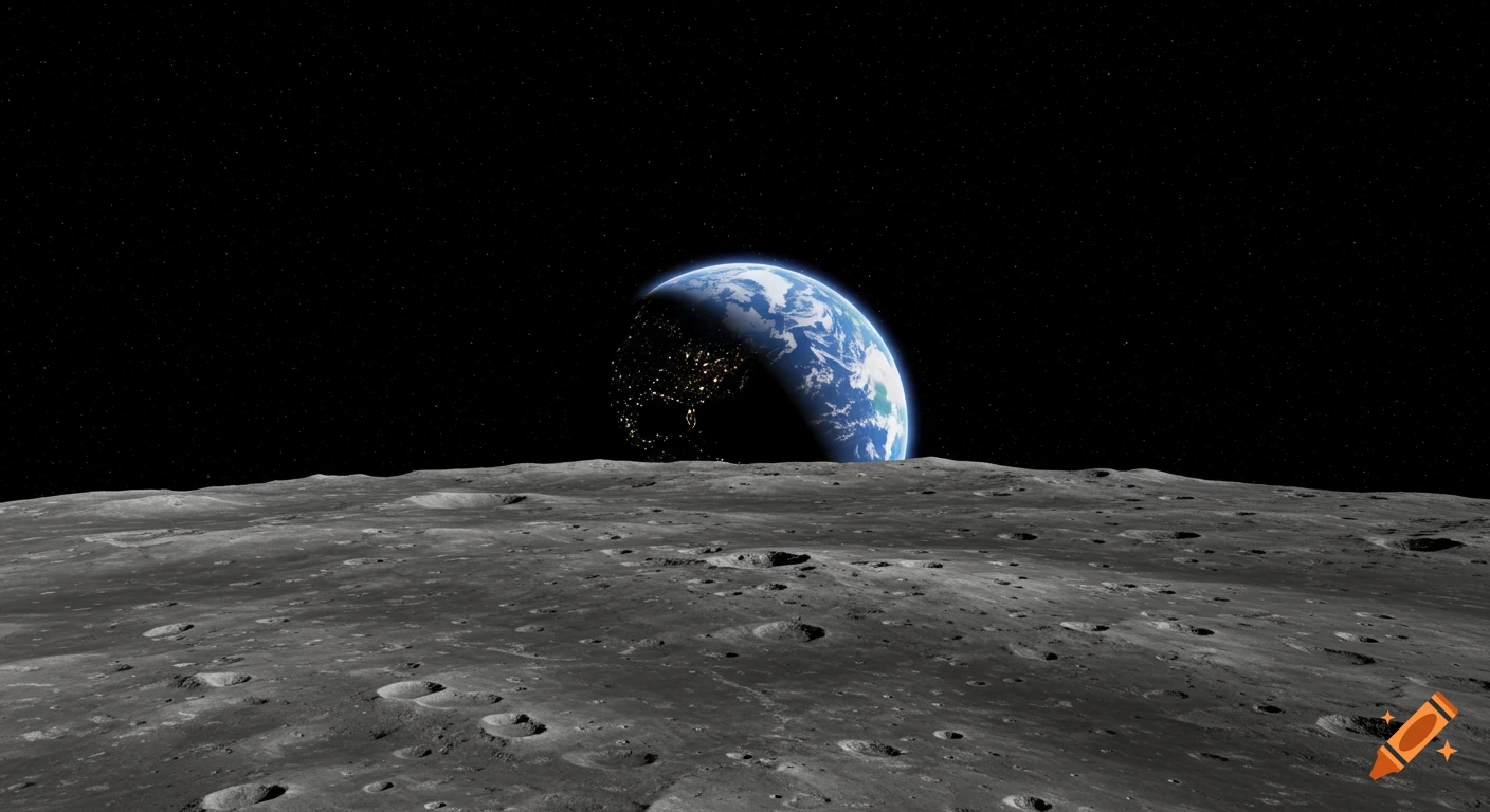 View from the Moon's surface showing craters, with Earth rising on the horizon.