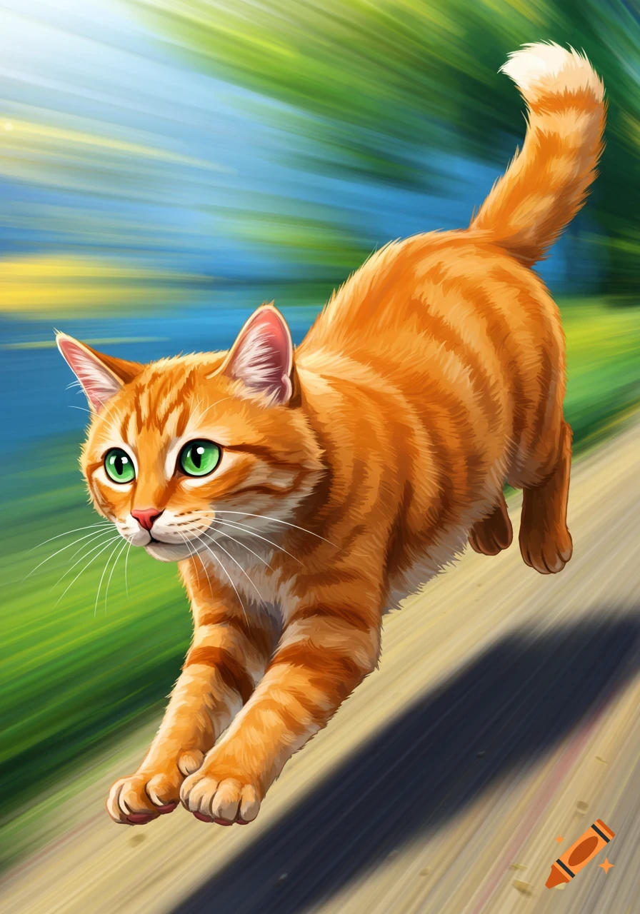 An orange tabby cat leaping forward with a motion-blurred background.