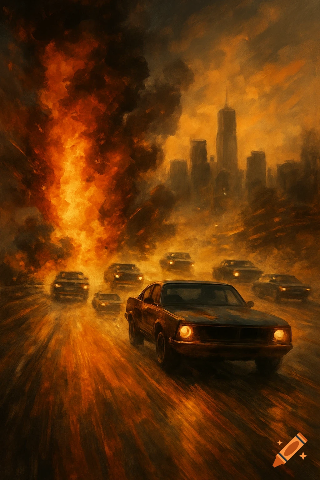 Cars driving away from a large explosion in a city.