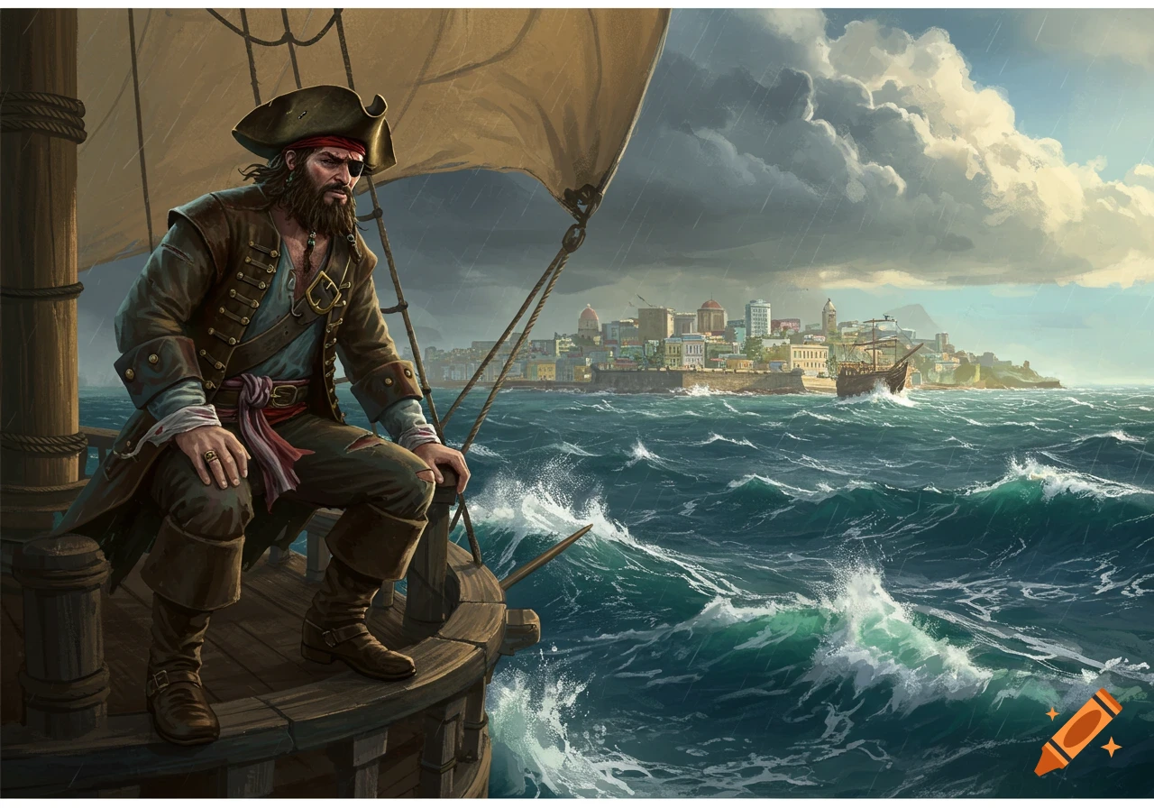 A pirate stands on a ship, gazing towards a city on the coast under a sky filled with stormy clouds.