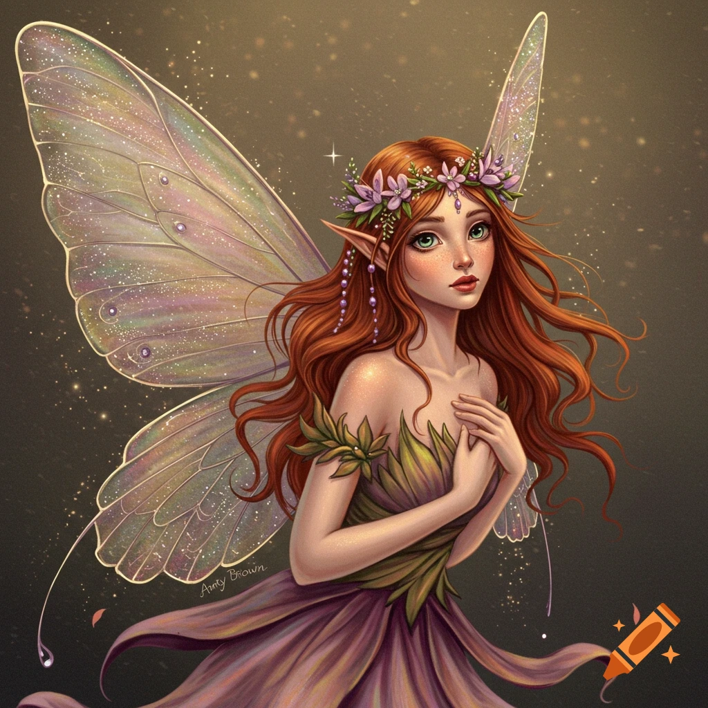 Illustration of a fairy with red hair, iridescent wings, and a flower crown.