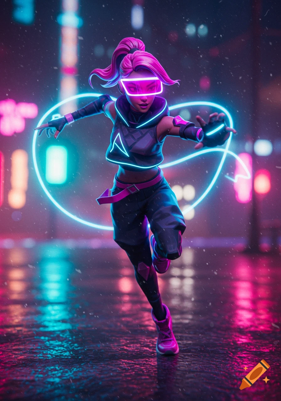 Cyberpunk digital art of a character with pink hair and neon visor running in a rainy city with glowing effects