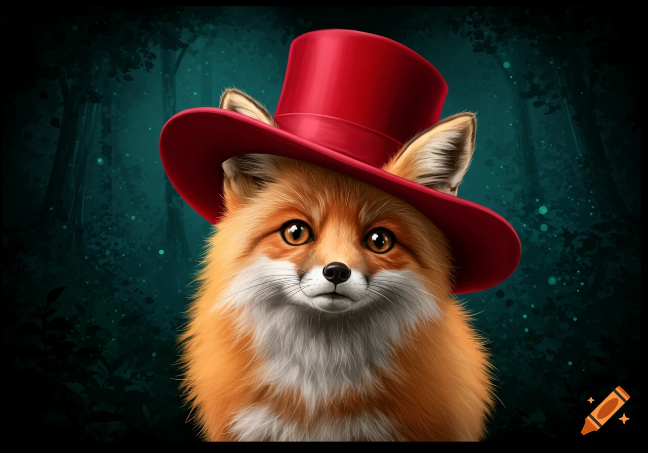 Cute fox wearing a red top hat in a dark forest.