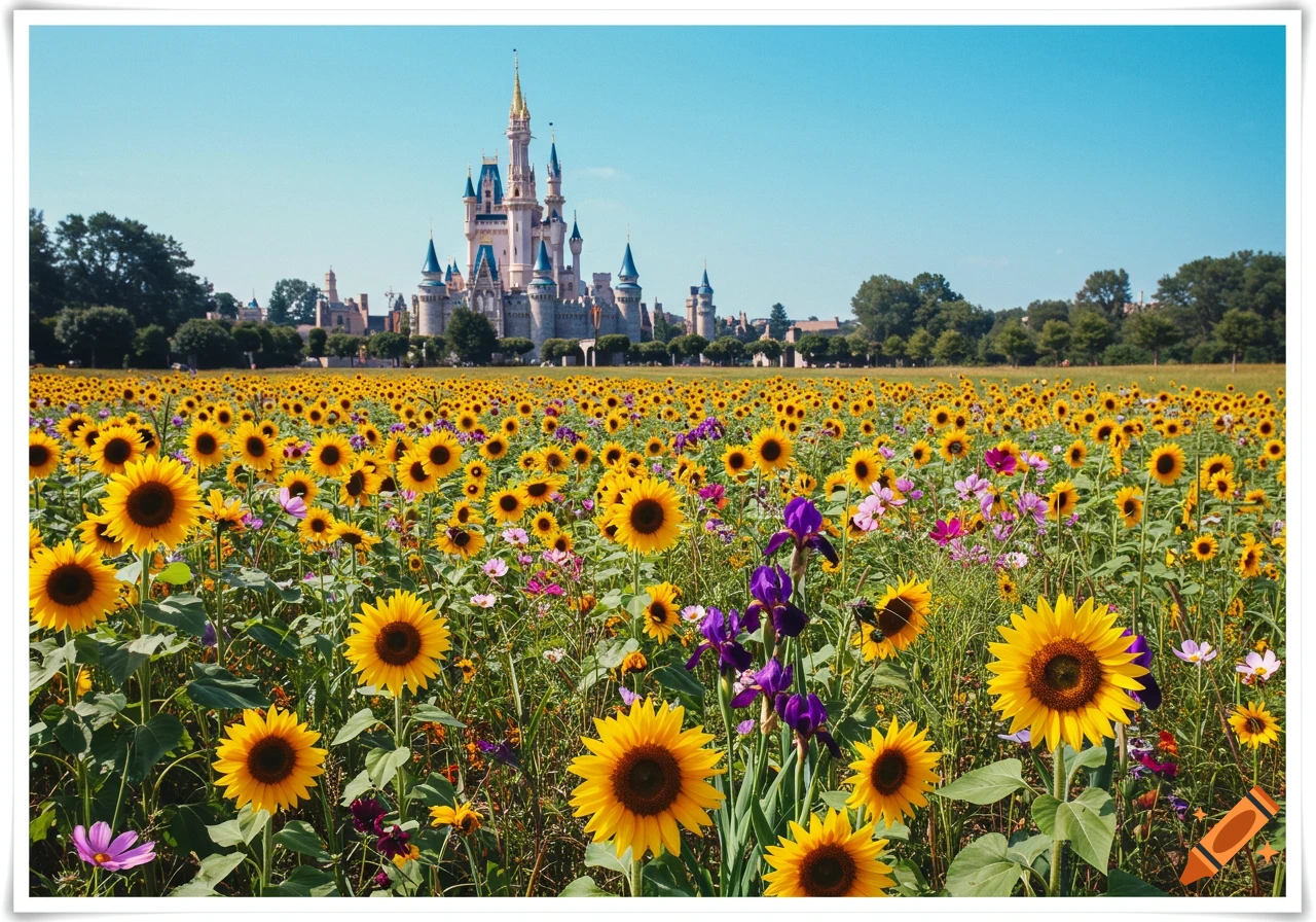 A field of sunflowers and colorful wildflowers with a large fairytale castle in the background under a clear blue sky.