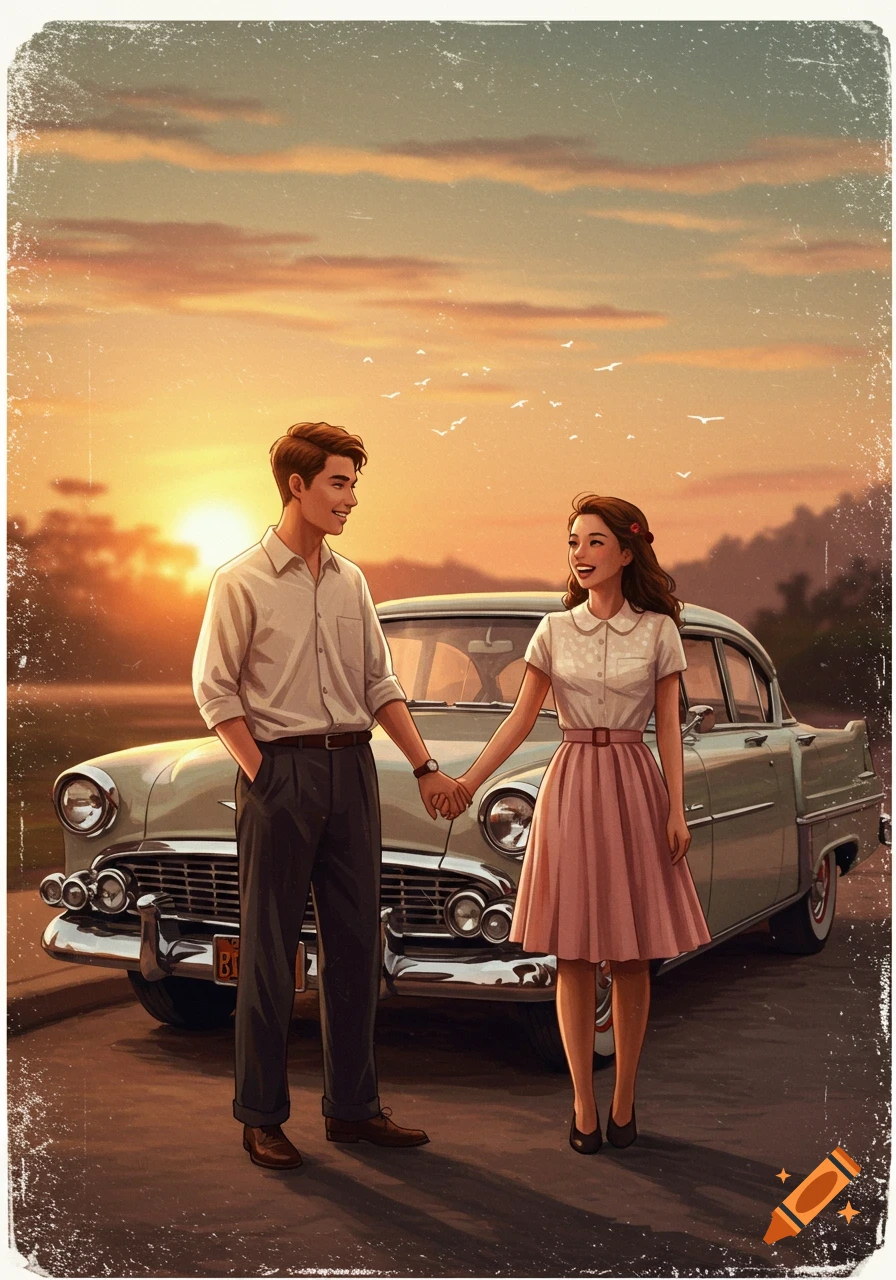 Vintage illustration of a young couple holding hands next to a classic car at sunset.