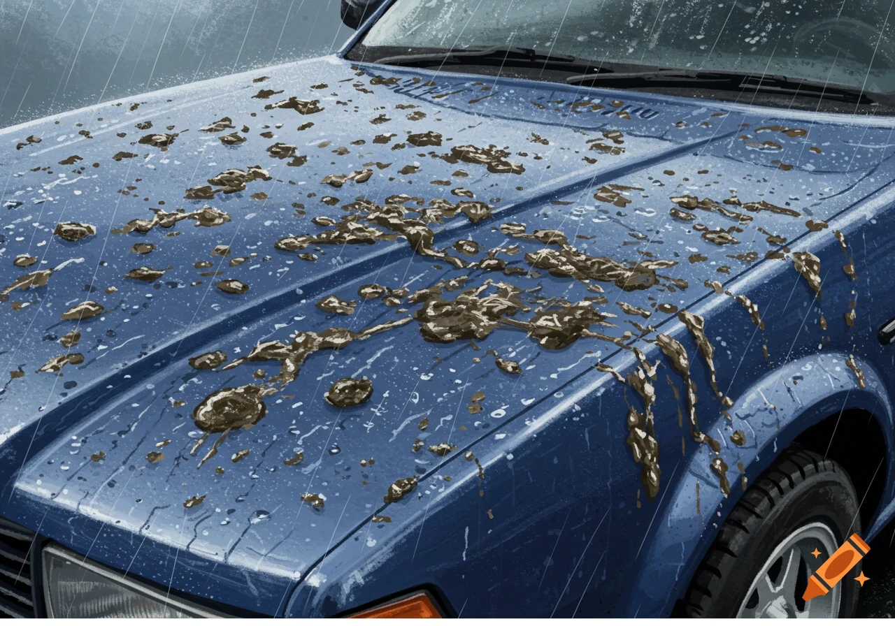 Bird poop covering the hood of a blue car in the rain