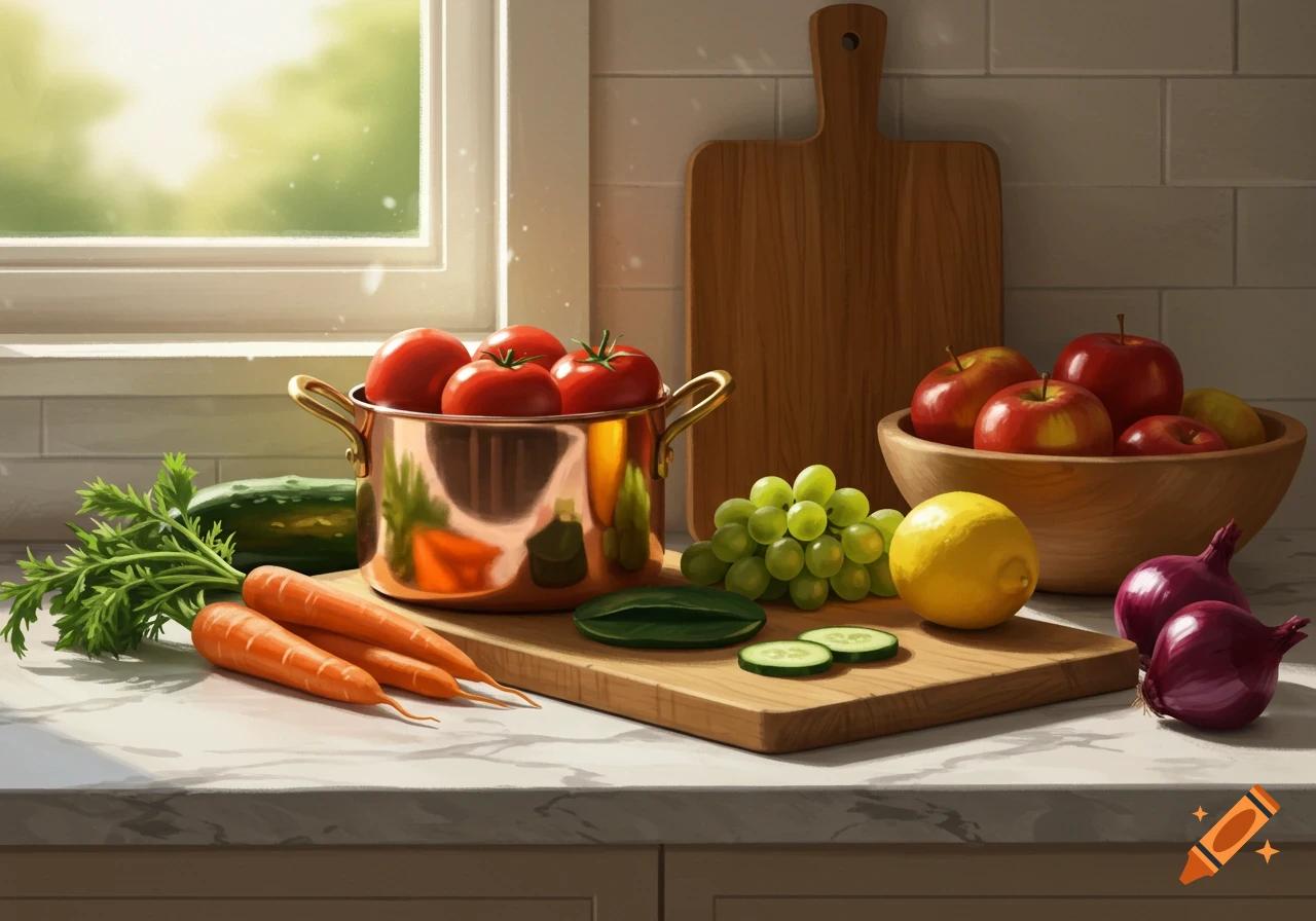A kitchen still life with vegetables and fruits on a countertop.