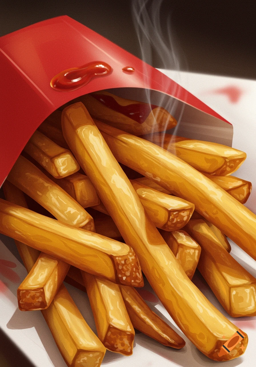 A close-up of hot French fries in a red box with ketchup drops.
