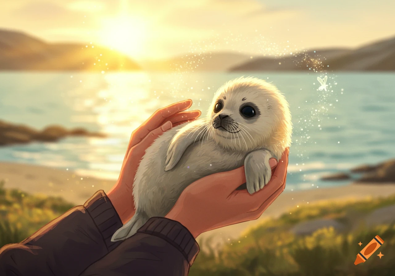 Hands holding a fluffy baby seal on a beach at sunset.