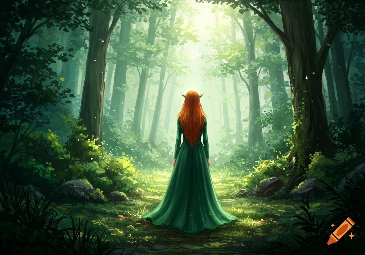 A woman with long red hair in a green dress stands facing away in a sunlit forest.