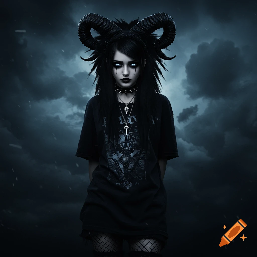 Dark fantasy girl with large horns and glowing eyes against a stormy sky.