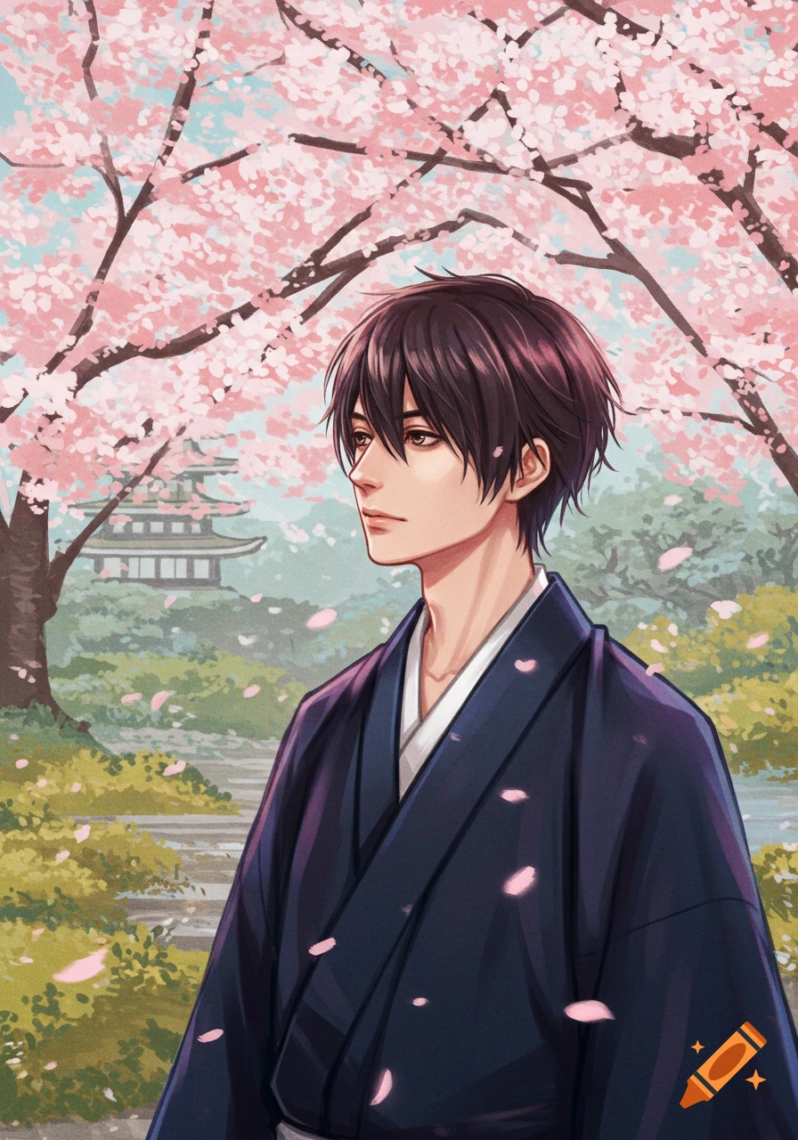 A man in traditional Japanese clothing among cherry blossoms with a pagoda in the background.