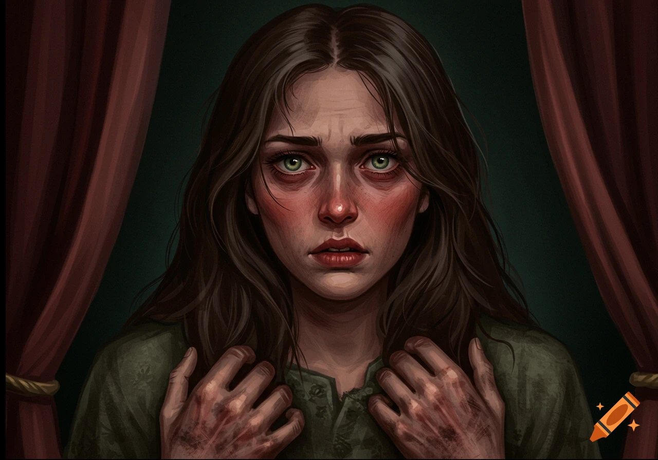 Portrait of a distressed woman with green eyes and dirty hands, framed by red curtains.