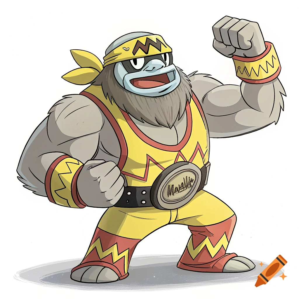 Cartoon character resembling a mix of Machamp and Macho Man Randy Savage in wrestling gear.