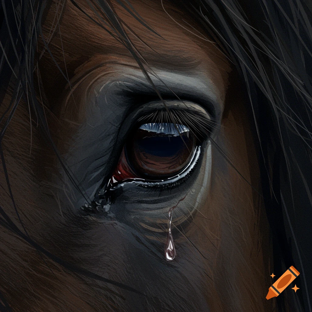 Close-up of a horse's eye with a tear falling.