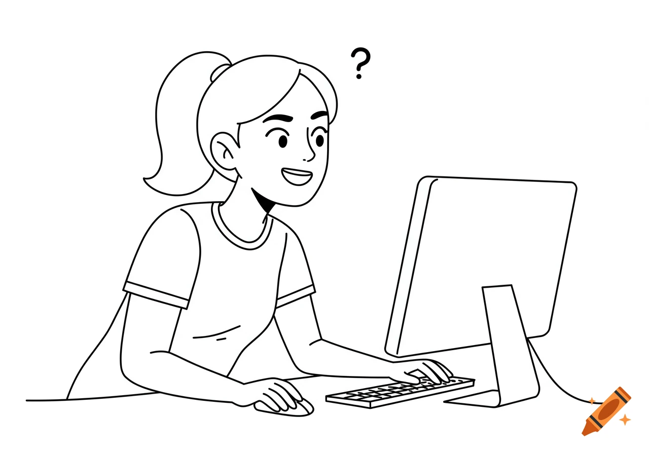 A line drawing of a woman using a computer with a question mark above her head.