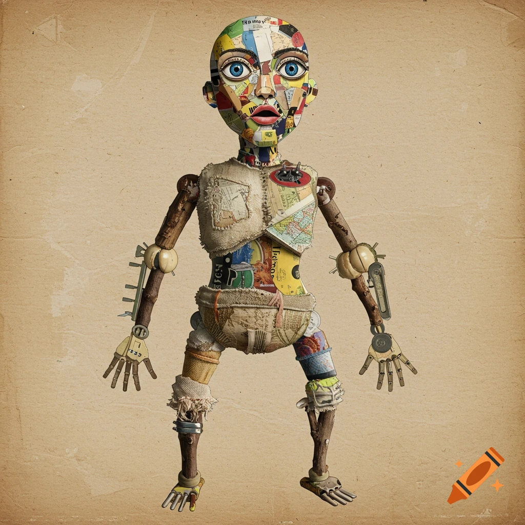 A humanoid figure made of collage materials, resembling a puppet, standing against a brown paper background.