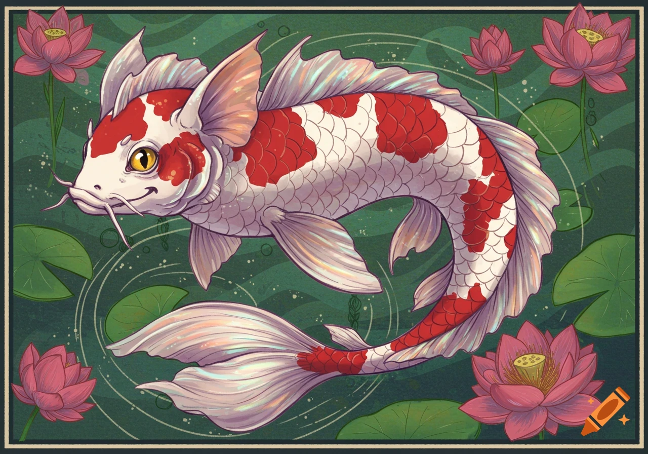 A stylized red and white koi fish swims among pink lotus flowers and lily pads in a pond.