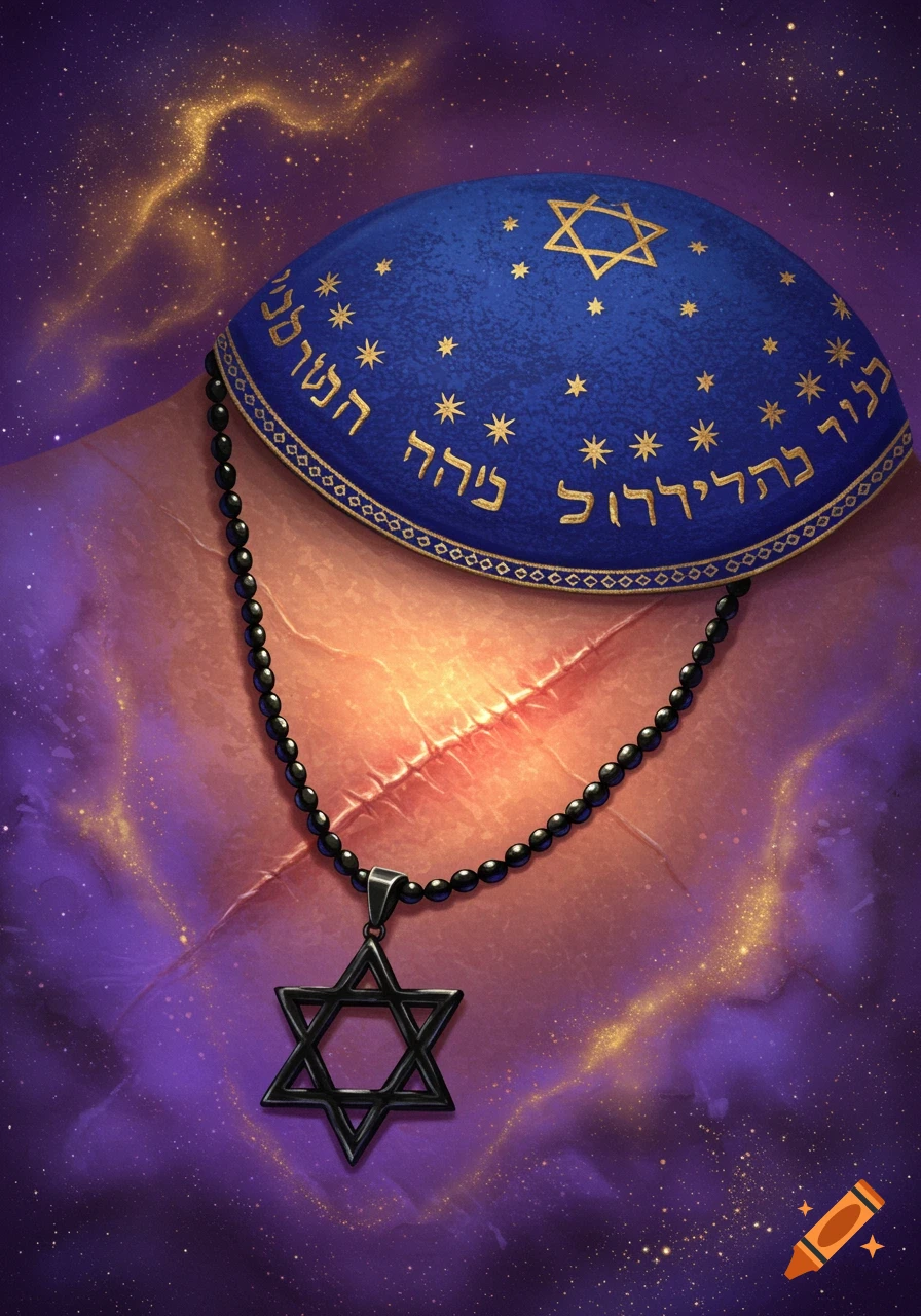 A blue kippah, Star of David necklace, and scar are visible against a cosmic background.