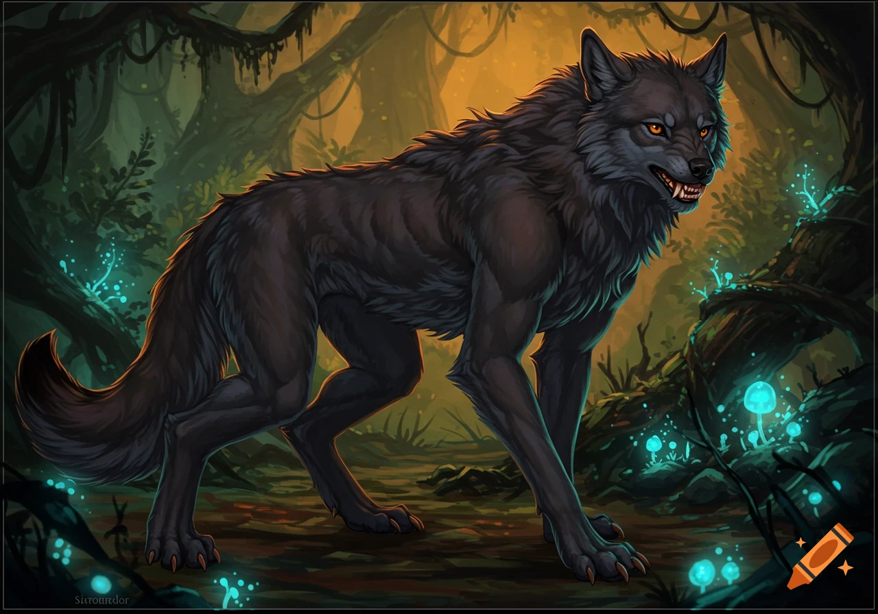 A dark wolf-like creature with glowing eyes stands in a fantasy forest illuminated by bioluminescent plants.