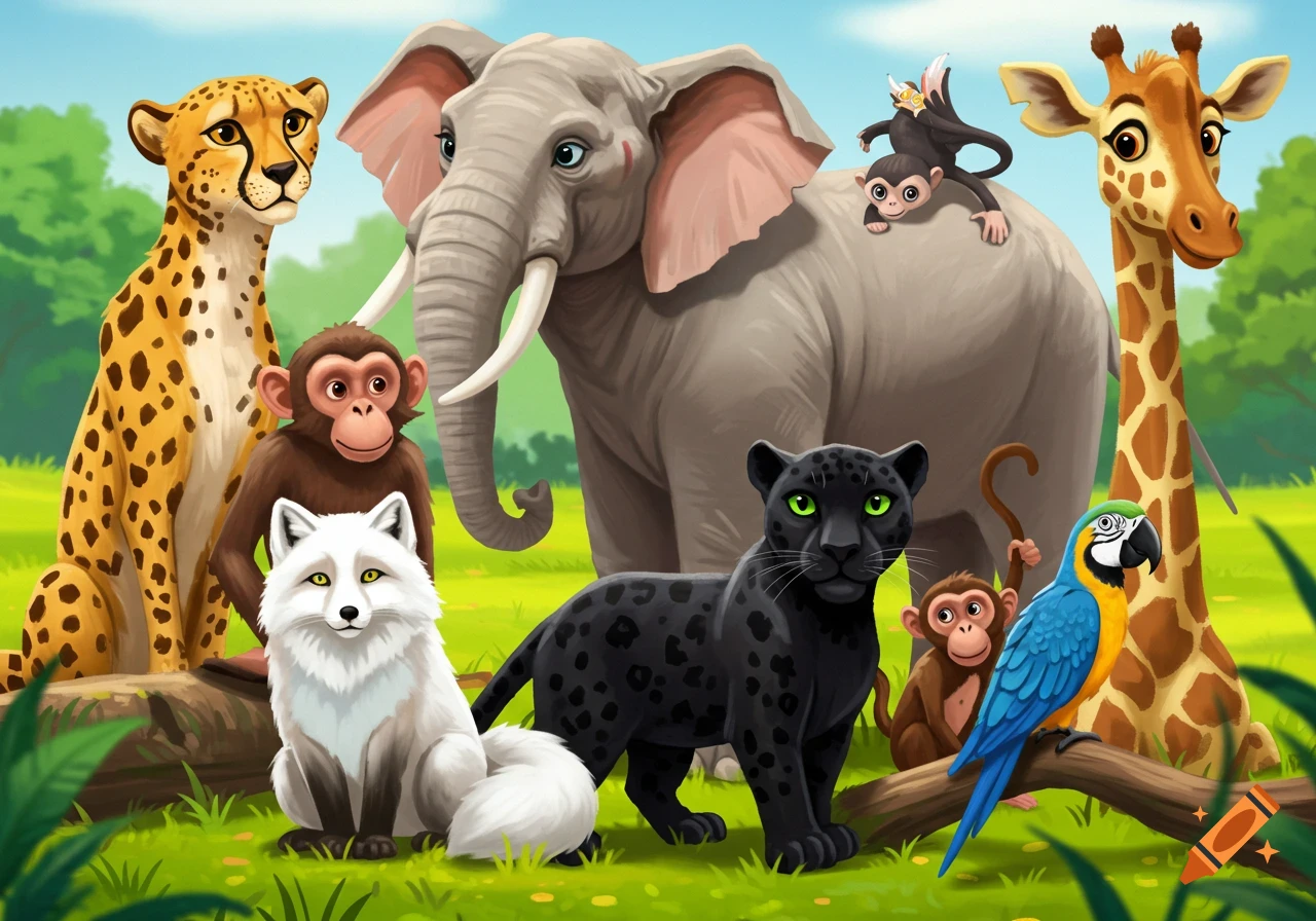 A group of jungle animals including a cheetah, elephant, giraffe, monkeys, fox, panther, and parrot.