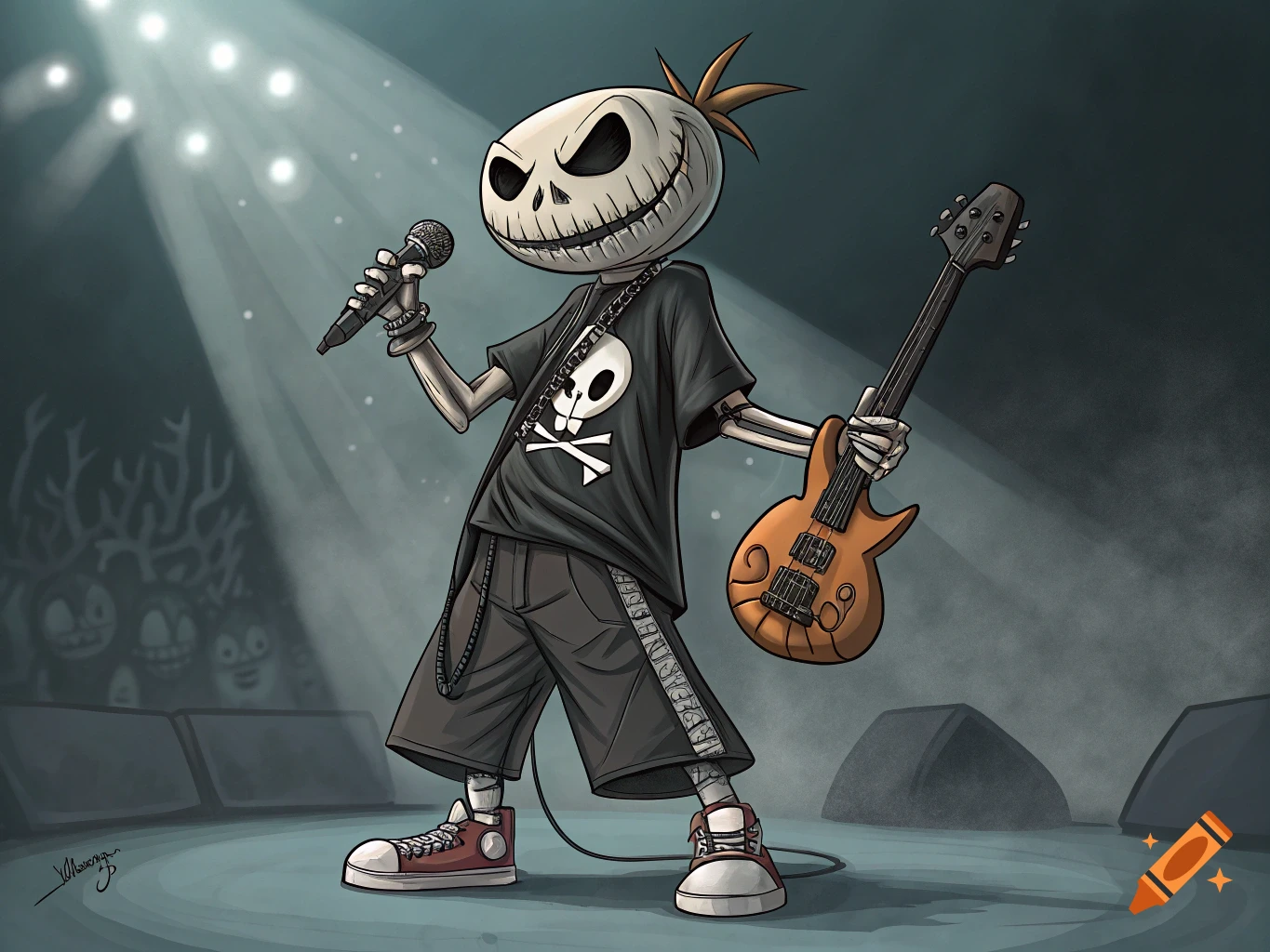Jack Skellington as a rockstar on stage with a microphone and guitar in a cartoon style.