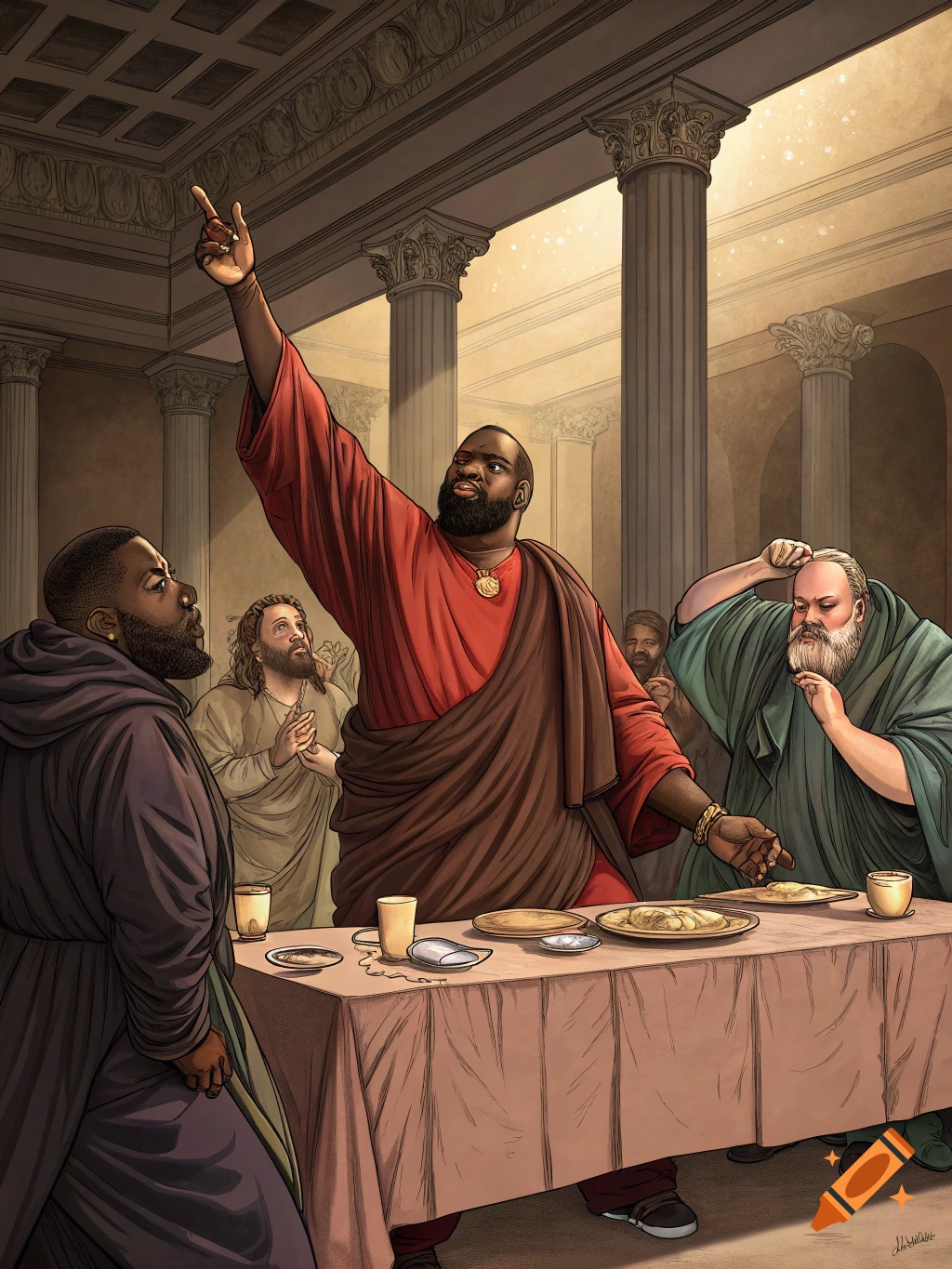 Illustration of figures resembling musicians in robes gathered around a table in a temple.