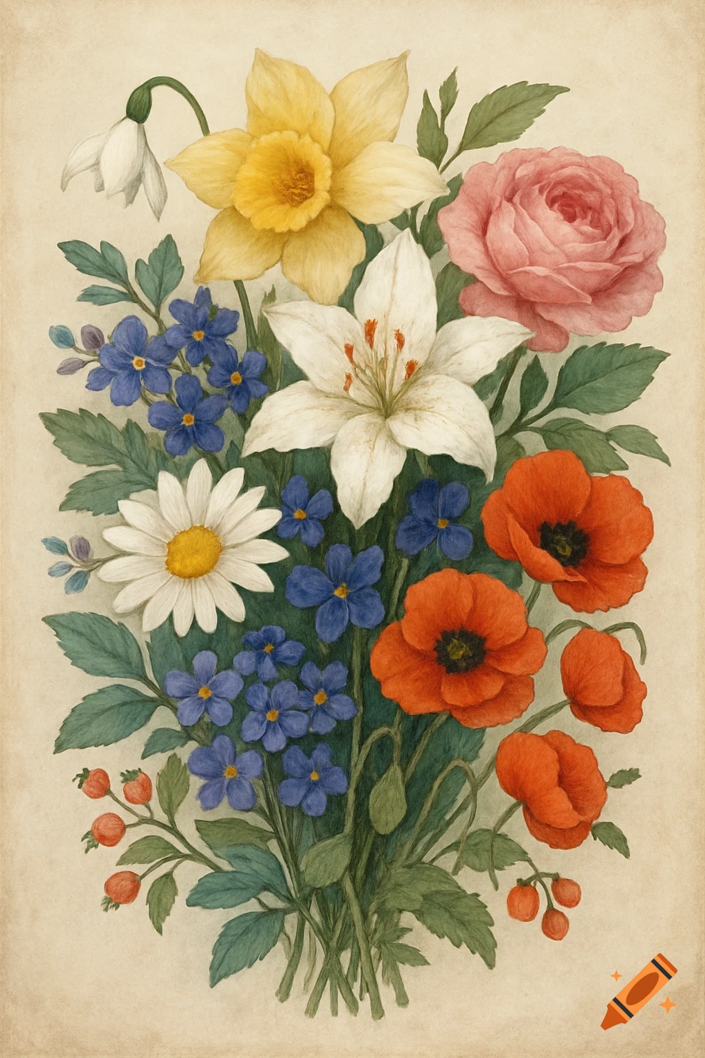 A bouquet of yellow daffodil, pink rose, white lily, white daisy, blue forget-me-nots, and red poppies in a botanical illustration style.