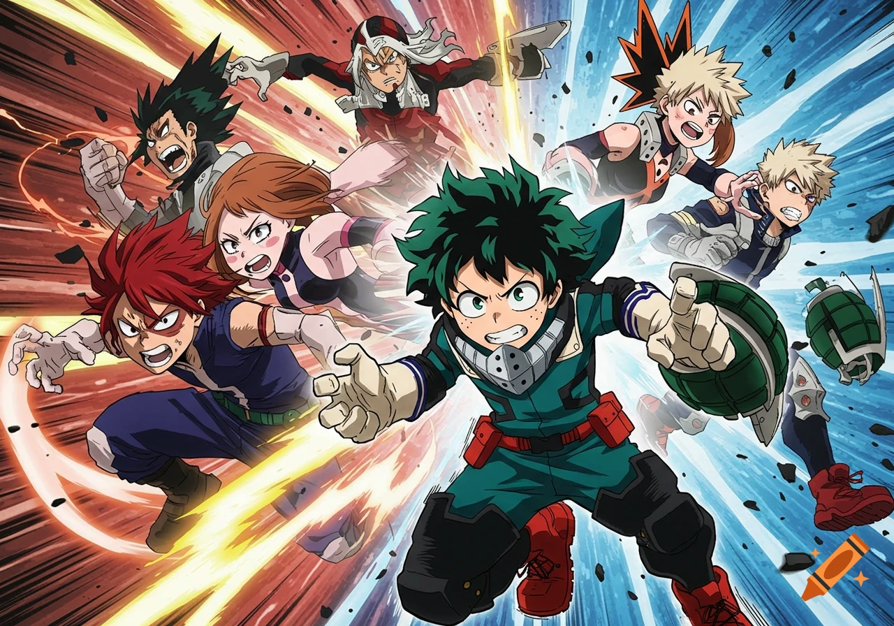Anime characters from My Hero Academia in dynamic action pose
