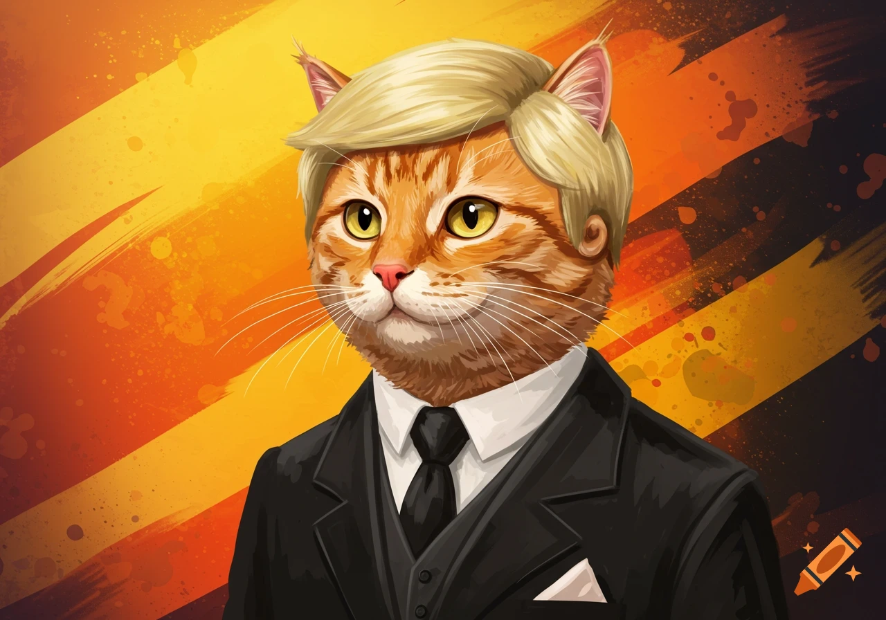 An orange tabby cat wearing a black suit and blond toupee.